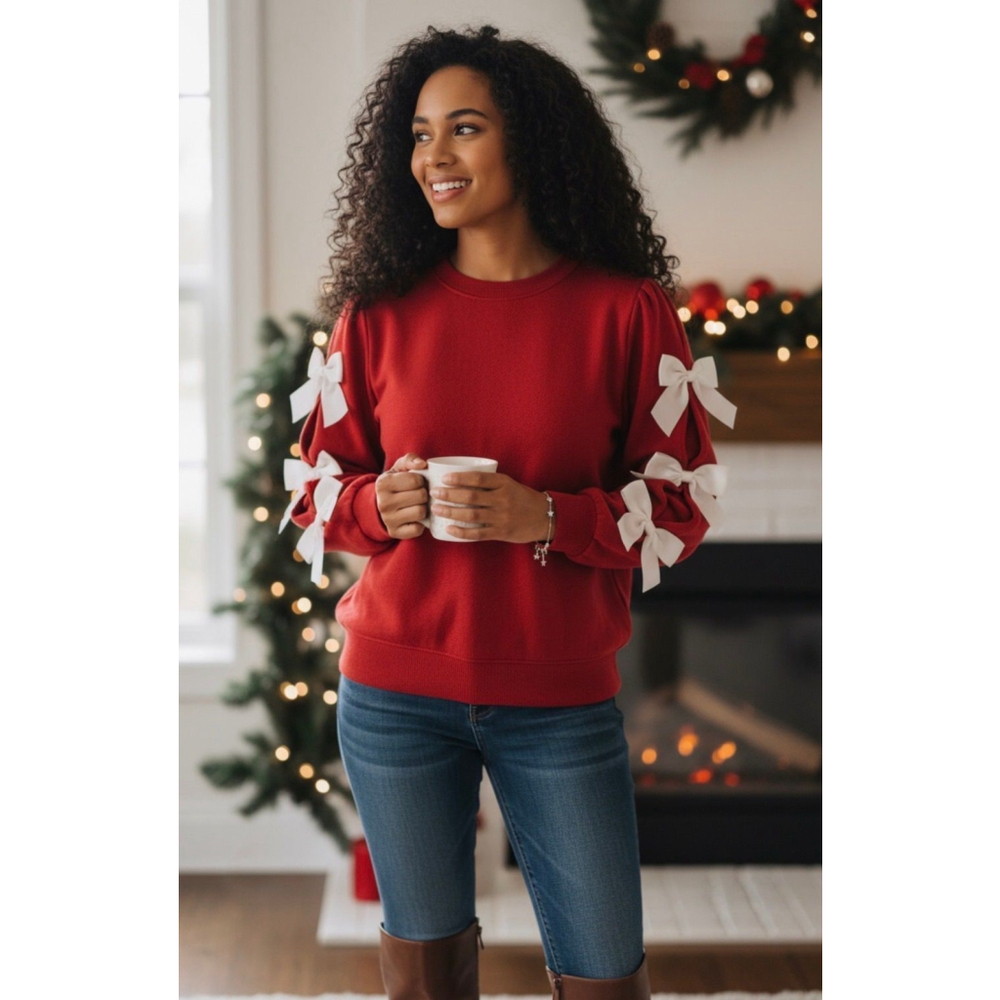 Lovesoft Red Bow-Sleeve Holiday Crew Neck Sweatshirt Medium